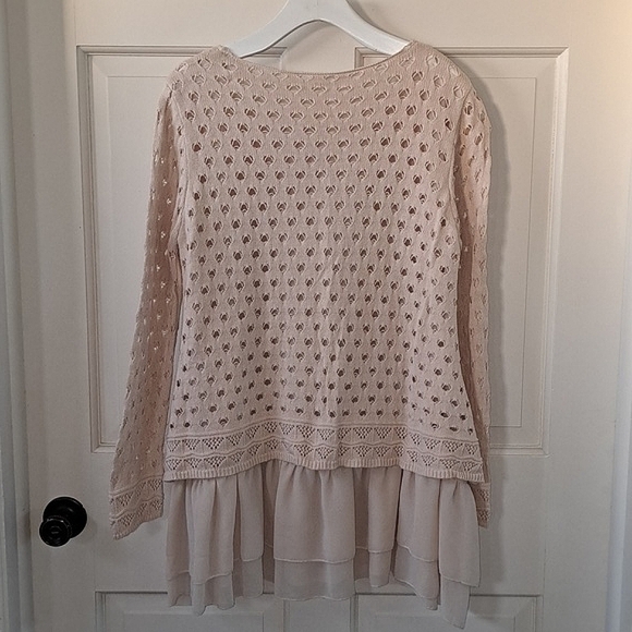 Cream Ivory Crochet Boho Layered Flowy Fit Cotton Blend Cut Out Sweater Tunic - Picture 4 of 10